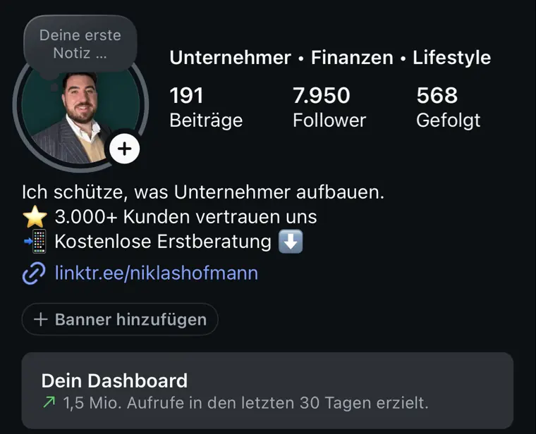 Instagram-Profil von Niklas Hofmann mit 7.950 Followern und 1,5 Mio. Aufrufen in 30 Tagen