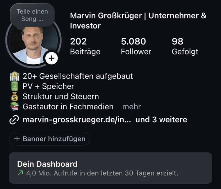 Instagram-Profil von Marvin Großkrüger mit 5.080 Followern und 4 Mio. Aufrufen in 30 Tagen